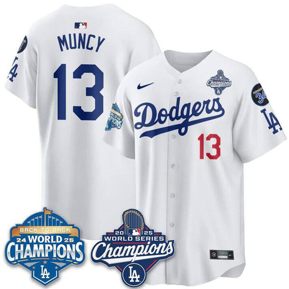 Men's White Los Angeles Dodgers #13 Max Muncy 2025 World Series Champions & Back to Back Champions With No.34 Patch Limited Stitched Baseball Jersey
